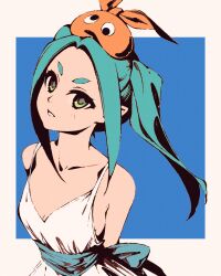 1girl aqua_hair arms_behind_back bare_shoulders blue_background blue_sash border breasts collarbone dress googly_eyes green_eyes hat head_tilt high_contrast hikimayu looking_at_viewer monogatari_(series) moshimoshibe ononoki_yotsugi orange_hat outside_border parted_bangs parted_lips pointy_ears romaji_commentary sash short_eyebrows sidelocks sleeveless sleeveless_dress small_breasts solo sundress thick_eyebrows twintails upper_body white_border white_dress wind