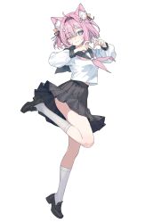 1girl animal_ear_fluff animal_ears black_hairband black_ribbon black_sailor_collar black_shoes black_skirt black_sleeve_cuffs blue_eyes breasts cat_ears cat_girl commentary dot_nose eyes_visible_through_hair flower four-finger_heart_hands full_body fuwamochi_yomu hair_flower hair_ornament hairband hands_up heart heart_hands highres indie_virtual_youtuber karyln kneehighs light_blush long_sleeves looking_at_viewer medium_breasts midriff_peek miniskirt neckerchief one_eye_closed pink_hair pink_neckerchief pink_pupils pleated_skirt ribbon sailor_collar school_uniform shirt shoes short_hair side_part simple_background skirt smile socks solo standing standing_on_one_leg virtual_youtuber white_background white_flower white_shirt white_socks