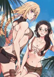 2girls alma_(monster_hunter_wilds) backless_shirt bare_back bare_shoulders blonde_hair blush braid breasts brown_eyes brown_hair brown_shirt brown_shorts brown_skirt butt_crack cleavage collarbone copyright_request earrings glasses groin highres jewelry long_hair looking_at_viewer looking_back low_twin_braids medium_breasts mole mole_under_eye monster_hunter:_world monster_hunter_(character) monster_hunter_(series) multiple_girls navel necklace open_mouth pouch purple_eyes reitomo round_eyewear shirt shorts side_braid skirt thigh_pouch thigh_strap thighs twin_braids white_shirt
