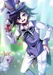 1boy :d absurdres animal_ears black_eyes black_hair blurry blurry_background bow buttons checkered_neckerchief commentary danganronpa_(series) danganronpa_2:_goodbye_despair danganronpa_v3:_killing_harmony diaper double-breasted ear_bow fake_animal_ears feet_out_of_frame hand_up hat highres holding kujira_pyon_ka long_sleeves male_focus monomi_(danganronpa) neckerchief oma_kokichi open_mouth pants pink_vest purple_hair rabbit_ears shirt smile sweat symbol-only_commentary teeth top_hat upper_teeth_only vest white_pants white_shirt yellow_bow
