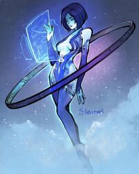 1girl artist_name barefoot blue_hair blue_skin breasts closed_eyes cloud colored_skin commentary cortana elentori english_commentary facing_down floating halo_(series) halo_4 halo_installation highres holographic_interface medium_breasts open_hand short_hair solo star_(sky)