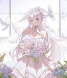 1girl absurdres alternate_costume aqua_eyes bare_shoulders bird blurry blurry_background bouquet breasts bride carlotta_(wuthering_waves) chinese_commentary cleavage closed_mouth commentary_request cowboy_shot dress feng_ruoli_321 flower highres holding holding_bouquet indoors large_breasts long_hair looking_at_viewer parted_bangs smile solo veil very_long_hair wedding_dress white_bird white_dress white_hair white_veil wuthering_waves