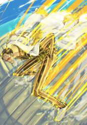1boy black_hair coat coat_on_shoulders epaulettes facial_hair full_body goatee hands_in_pockets highres kinokuruida kizaru_(one_piece) male_focus mustache one_piece orange-tinted_eyewear shoes short_hair solo sunglasses tinted_eyewear vertical-striped_suit white_coat white_shoes