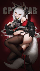 1girl absurdres ahab_(redcircle) animal_ears ass bare_shoulders bell black_bra black_choker black_gloves black_jacket blush bound_ankles bra breasts brown_thighhighs character_name choker cleavage cropped_jacket foot_out_of_frame garter_straps gloves hair_between_eyes hair_ornament hand_on_own_ass highres jacket jingle_bell l_ract large_breasts long_hair long_sleeves looking_at_viewer lying no_shoes off_shoulder on_side open_mouth red_background red_ribbon redcircle ribbon silver_hair single_glove smile solo tail thighhighs underwear unzipped very_long_hair virtual_youtuber yellow_eyes