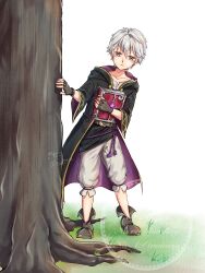 1boy absurdres aged_down ankle_boots black_boots black_gloves black_robe book boots brown_eyes child fingerless_gloves fire_emblem fire_emblem_awakening fire_emblem_heroes gloves grass hair_between_eyes highres holding holding_book kinako_5108 legs male_focus male_robin_(child)_(fire_emblem) male_robin_(fire_emblem) nintendo robe shorts simple_background solo standing tree watermark white_background white_hair white_shorts