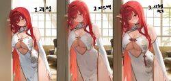 1girl absurdres breasts china_dress chinese_clothes cleavage daehoak dress goddess_of_victory:_nikke highres large_breasts long_hair official_alternate_hair_color pelvic_curtain print_dress rapi_(nikke) rapi_(red_hood)_(nikke) red_eyes red_hair solo white_dress