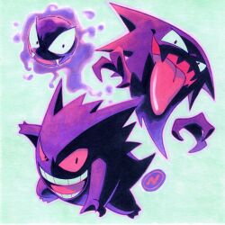 :d artist_logo black_eyes claws colored_sclera evil_grin evil_smile evolutionary_line fangs floating gastly gen_1_pokemon gengar grin haunter highres logo long_tongue looking_at_viewer marker_(medium) merchandise_available narrowed_eyes nintendo no_humans nuri_durr open_mouth partially_shaded_face pokemon pokemon_(creature) pokemon_focus red_sclera scan smile tongue tongue_out traditional_media white_background