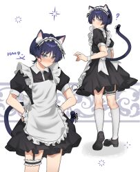 1boy ? absurdres alternate_costume anger_vein animal_ear_fluff animal_ears apron aqua_pupils black_ribbon black_shoes black_sleeves blunt_ends cat_ears cat_tail closed_mouth collar commentary crossdressing english_commentary enmaided eyeliner eyeshadow frilled_apron frilled_hairband frilled_thigh_strap frills from_behind genshin_impact hairband hands_on_own_hips highres juliet_sleeves kemonomimi_mode kneehighs long_sleeves looking_at_viewer looking_back maid maid_apron maid_day makeup male_focus male_maid mary_janes multiple_views nesaki puffy_sleeves purple_eyes purple_hair red_eyeliner red_eyeshadow ribbon scaramouche_(genshin_impact) shoes socks solo tail tail_ornament tail_ribbon thigh_strap tsurime v-shaped_eyebrows white_apron white_background white_collar white_hairband white_socks white_wrist_cuffs wispy_bangs wrist_cuffs