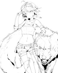 1girl ahoge belt bra_strap breasts commentary_request elbow_gloves expressionless feet_out_of_frame fingerless_gloves gloves goggles goggles_on_head greyscale lineart looking_at_viewer medium_breasts midriff monochrome navel open_mouth pointy_ears ragnarok_online ranger_(ragnarok_online) scarf short_hair shorts simple_background solo strapless thighhighs tube_top tugmix wolf