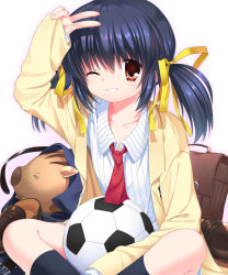 Rule 34 | 1girl, 1other, bag, ball, black socks, blazer, blue hair, boar, botan (clannad), brown eyes, brown footwear, clannad, dress shirt, hikarizaka private high school uniform, jacket, kneehighs, loafers, necktie, otou (otou san), parted lips, red neckwear, school uniform, shirt, shoes, simple background, sitting, smile, soccer ball, socks, striped clothes, striped shirt, sunohara mei, twintails, unworn shoes, v, white background