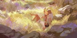 2boys achilles_(mythology) awanqi bare_legs barefoot blonde_hair brown_hair crossed_legs day grass greek_mythology highres instrument long_hair lying lyre male_focus multiple_boys on_back outdoors patroclus_(mythology) rock short_hair short_sleeves sitting the_song_of_achilles toga yaoi
