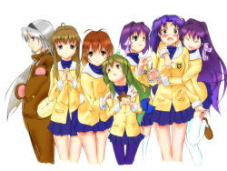 Rule 34 | 00s, 6+girls, animal costume, bear costume, clannad, colorized, foge, fujibayashi kyou, fujibayashi ryou, furukawa nagisa, highres, hug, ibuki fuuko, ichi ichi, ichinose kotomi, miyazawa yukine, multiple girls, pantyhose, sakagami tomoyo, school uniform, siblings, sisters, starfish, thighhighs, twins