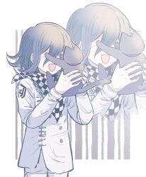 1boy animal animalization black_cat blush buttons cat checkered_clothes checkered_scarf commentary danganronpa_(series) danganronpa_v3:_killing_harmony flipped_hair hair_between_eyes happy highres holding holding_animal holding_cat long_sleeves male_focus medium_hair oma_kokichi open_mouth outline pale_color pants purple_hair saihara_shuichi scarf simple_background smile tomoro_(tomoronp) two-tone_scarf upper_body white_outline