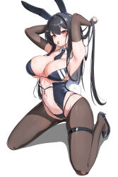1girl absurdres adjusting_hair animal_ears armpits b_grade bikini black_hair black_pantyhose black_shoes blue_bikini blue_necktie blush breasts bridal_gauntlets bright_pupils cleavage commission crotchless crotchless_pantyhose detached_collar fake_animal_ears fake_tail furrowed_brow hair_between_eyes hair_ornament hair_tie_in_mouth hairclip high_heels highleg highleg_bikini highleg_leotard highres holding holding_own_hair kneeling large_breasts leotard long_hair looking_at_viewer mole mole_under_eye mouth_hold navel necktie o-ring o-ring_bikini original pantyhose partially_unzipped playboy_bunny pumps rabbit_ears rabbit_tail red_eyes see-through_clothes see-through_leotard shadow shiny_skin shoes short_necktie simple_background skindentation solo swimsuit tail thigh_strap tie_clip underboob very_long_hair white_background white_pupils zipper_pull_tab