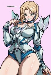 1girl absurdres artist_name blonde_hair blue_eyes blue_lips blue_nails breasts choker cleavage diamond_(gemstone) diamond_earrings earrings emma_frost highres jewelry komatsuki_n large_breasts leotard lipstick looking_at_viewer makeup marvel marvel_rivals short_hair solo superhero_costume thick_thighs thighs x-men