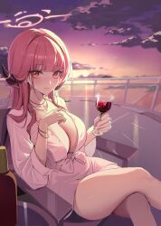 1girl absurdres alcohol alternate_costume aru_(blue_archive) blue_archive breasts brown_horns cleavage crossed_legs cup demon_horns drinking_glass halo highres horns jewelry large_breasts low_horns mill_bbang necklace pink_hair pink_halo red_wine solo wine wine_glass