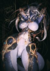 1girl absurdres animal_ears armpits arms_up artist_logo black_background breasts collarbone colored_skin commentary commission cowboy_shot english_commentary furry furry_female gluteal_fold grey_hair grin highres jewelry juerucj large_breasts logo long_hair looking_at_viewer navel no_nipples no_pussy original purple_skin sharp_teeth skeb_commission smile snout solo teeth thank_you thighs underbust yellow_eyes
