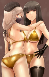 2girls arm_around_waist ass bikini black_gloves black_hair black_hat blunt_bangs breasts brown_eyes commentary_request frown girls_und_panzer gloves gold_bikini grey_hair hair_ribbon hand_on_another&#039;s_shoulder hat highres kitayama_miuki large_breasts long_hair looking_at_viewer mask mature_female mouth_mask multiple_girls navel nishizumi_shiho ribbon shimada_chiyo simple_background straight_hair swimsuit