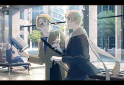 4boys america_(hetalia) axis_powers_hetalia black_jacket black_pants black_shoes black_vest blonde_hair blue_eyes blue_jacket blue_necktie blue_pants blush book brown_hair brown_jacket brown_shoes brown_vest bucket building cellphone city collared_shirt commentary_request covering_own_mouth cowboy_shot cup drinking fingernails france_(hetalia) from_side full_moon glasses green_eyes grey-framed_eyewear half-closed_eyes hand_on_own_chest hand_up hands_up highres holding holding_book holding_cup holding_phone holding_suitcase index_finger_raised jacket long_sleeves looking_at_another male_focus moon multiple_boys necktie on_bench open_book open_clothes open_jacket open_mouth pants pcpc_onaka phone purple_eyes purple_necktie red_necktie russia_(hetalia) saturn_(planet) scarf semi-rimless_eyewear shirt shoes short_hair sitting smartphone smile spacecraft sparkle stairs star_(symbol) suitcase talking teeth tree united_kingdom_(hetalia) uranus_(planet) vest walking white_scarf white_shirt window