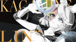 13165075695 1girl absurdres black_background blue_eyes bow bubble character_name commentary detached_sleeves hair_bow hair_ornament hairclip headphones highres kagamine_rin looking_at_object mindscape_cinema_(zenless_zone_zero) neckerchief parted_lips sailor_collar short_hair sleeveless solo spot_color symbol-only_commentary vocaloid