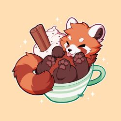 Rule 34 | animal, animal focus, artist name, cinnamon stick, closed eyes, closed mouth, coffeeclaws, commentary, cup, english commentary, highres, lying, mug, no humans, original, pawpads, red panda, smile, solo, tongue, tongue out, whipped cream