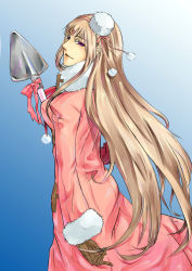 Rule 34 | 1girl, absurdres, axis powers hetalia, blonde hair, blue background, female focus, fur hat, gender request, genderswap, gloves, gradient background, hat, highres, long coat, long hair, looking back, purple eyes, russia (hetalia), shovel, simple background, solo, very long hair, winter clothes, worktool