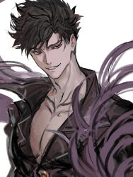 Rule 34 | 1boy, bare pectorals, belial (granblue fantasy), black feathers, black hair, black shirt, collarbone, collared shirt, commentary request, feathers, granblue fantasy, grin, highres, male focus, pectorals, popped collar, red eyes, shirt, short hair, sideways glance, simple background, smile, solo, teeth, udgg093577, white background