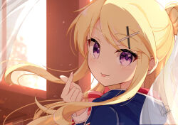 1girl :3 :p absurdres blonde_hair blue_jacket blush classroom finger_heart hair_bun hair_ornament hairclip highres jacket kin-iro_mosaic kujou_karen lapin_golden long_hair looking_at_viewer purple_eyes school_uniform single_hair_bun smile sunlight tongue tongue_out union_jack wind window x_hair_ornament zooming_in