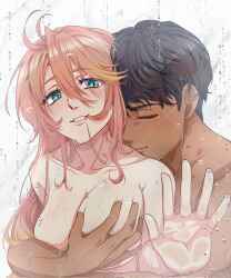 1boy 1girl aqua_eyes black_hair blush breasts closed_mouth collarbone commentary commission dark-skinned_male dark_skin eiyuu_densetsu english_commentary grabbing_another&#039;s_breast groping hair_between_eyes hetero highres judith_lanster kuro_no_kiseki_(series) kuro_no_kiseki_i large_breasts long_hair nude orange_hair original short_hair smile watermark watermark_grid yuzukiyo