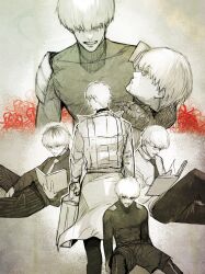 armor black_necktie black_pants black_shirt black_shorts blood blood_on_face book coat collared_shirt crying death flower glasses highres holding holding_book holding_suitcase kaneki_ken light_smile long_sleeves looking_at_another male_focus multicolored_hair multiple_boys necktie pants parted_lips pauldrons reading red_flower sasaki_haise shirt short_hair shorts shoulder_armor simple_background smile stfr_(stfr_kaz) striped_clothes striped_pants suitcase tokyo_ghoul tokyo_ghoul:re two-tone_hair white_coat white_hair white_necktie white_shirt