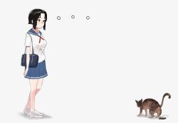 ... 1girl animal_focus bag black_hair blue_sailor_collar blue_skirt blush brown_eyes cat closed_mouth female_focus from_side godekasu highres neck_ribbon original pleated_skirt poop red_ribbon ribbon sailor_collar school_bag school_uniform serafuku shirt shoes short_hair short_sleeves shoulder_bag simple_background skirt solo white_background white_shirt white_shoes