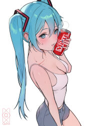 1girl absurdres aqua_eyes aqua_hair breasts bright_pupils can cleavage commentary english_commentary from_side hair_between_eyes hatsune_miku highres holding holding_can long_hair quilm short_shorts shorts simple_background solo standing tank_top twintails very_long_hair vocaloid white_background white_pupils