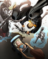 Rule 34 | 1boy, baby, bad id, bad pixiv id, black hair, broken, changye, diamond is not crash, flying, gakuran, heart, higashikata josuke, jojo no kimyou na bouken, motion blur, motor vehicle, motorcycle, peace symbol, pompadour, school uniform, stroller, vehicle