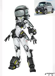 1girl :d arms_at_sides car colored_skin full_body helmet highres joints lordyanyu motor_vehicle open_mouth original personification photo-referenced reference_inset robot_girl robot_joints smile solo standing teeth upper_teeth_only wheel white_skin