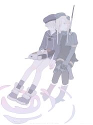 Rule 34 | 2girls, black neckerchief, blue dress, blue sailor collar, bodysuit, closed eyes, diving suit, dress, garrison cap, grey hair, hair between eyes, haruta (hrtco), hat, highres, holding hands, kantai collection, leaning on person, long hair, long sleeves, multiple girls, neckerchief, ripples, sailor collar, sailor dress, shoes, short hair, simple background, sitting, soaking feet, socks, u-511 (kancolle), wetsuit, white background, z1 leberecht maass (kancolle)