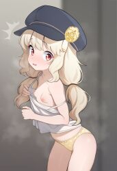 1girl absurdres aoba_(blue_archive) blonde_hair blue_archive blue_hat breasts camisole cowboy_shot ewrui hat highres loli looking_at_viewer nipples open_mouth panties red_eyes small_breasts solo surprised underwear white_camisole yellow_panties