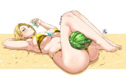 1girl armpits ass barefoot bikini blonde_hair blue_eyes blue_lips breasts emma_frost feet feet_up food fruit gem gold_bikini holding holding_gem jk_arts large_breasts lying marvel marvel_rivals nail_polish on_back solo swimsuit toenail_polish toenails toes watermelon