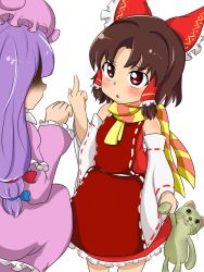 2girls animal_ears ascot bandages bare_shoulders belt benikurage_(cookie) blue_bow blush bow breasts brown_hair cat cat_tail child cookie_(touhou) detached_sleeves double_bun dress emphasis_lines frills hair_bow hair_bun hair_ornament hair_tubes hakurei_reimu hand_up hat highres long_hair long_sleeves looking_at_another manatsu_no_yo_no_inmu medium_breasts middle_finger miura_cat mob_cap multicolored_scarf multiple_girls open_mouth patchouli_knowledge pink_dress pink_headwear pink_scarf plaid_clothes plaid_scarf plar0846 purple_hair red_bow red_dress red_eyes scarf short_hair simple_background standing stuffed_animal stuffed_toy tail taisa_(cookie) touhou toy white_background white_belt wide_sleeves yellow_ascot yellow_scarf