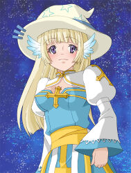 1girl arch_bishop_(ragnarok_online) blonde_hair blue_dress blue_sky blue_wings blush breasts cleavage cleavage_cutout closed_mouth clothing_cutout commentary_request cowboy_shot cross dress feathered_wings hat head_wings juliet_sleeves long_sleeves looking_at_viewer medium_breasts monou0135 puffy_sleeves purple_eyes ragnarok_online sash sky smile solo star_(sky) star_(symbol) star_print starry_sky two-tone_dress white_dress white_hat wings witch_hat yellow_sash