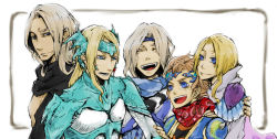 1990s_(style) 4boys age_difference armor blonde_hair brothers cain_highwind cecil_harvey ceodore_harvey closed_eyes family father_and_son final_fantasy final_fantasy_iv final_fantasy_iv:_the_after_years golbez headband headdress husband_and_wife kenyagi long_hair male_focus mother_and_son multiple_boys open_mouth robe rosa_farrell scarf short_hair shoulder_pads siblings silver_hair uncle_and_nephew