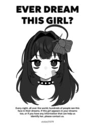 1girl ahoge animal animal_on_head artist_name bags_under_eyes bandaid bandaid_on_cheek bandaid_on_face bug choker closed_mouth dot_mouth dot_nose double-parted_bangs english_text eyebrows_hidden_by_hair greyscale hair_between_eyes hair_intakes hashtag-only_commentary highres insect long_hair looking_at_viewer mole mole_under_eye monochrome moth on_head original portrait poster_(medium) sidelocks simple_background solo spiked_choker spikes straight-on this_man vickie_(cryingrobot) vickie_(cryingrobot)_(character) white_background