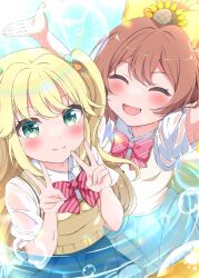 2girls :d blonde_hair blush bow brown_hair closed_eyes commentary_request fujisawa_yuzu green_eyes hair_ornament highres hinata_chinatsu long_hair multiple_girls ongeki open_mouth outdoors pleated_skirt school_uniform sen_chan_(akane1023) shirt short_sleeves skirt smile sweater_vest v w water wet wet_clothes white_shirt
