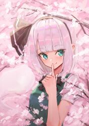 1girl absurdres aqua_eyes artistic_error bad_anatomy bad_hands black_bow black_bowtie black_hairband blunt_bangs blush bow bow_hairband bowtie cherry_blossoms closed_mouth collared_shirt dot_nose extra_digits faux_traditional_media finger_to_mouth green_vest grey_hair hairband highres konpaku_youmu konpaku_youmu_(ghost) looking_at_viewer nepperoni puffy_short_sleeves puffy_sleeves shirt short_hair short_sleeves smile solo touhou tree upper_body vest white_shirt