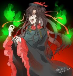 Rule 34 | 1boy, ahoge, alternate costume, alternate hairstyle, bags under eyes, bandaged arm, bandages, black background, black dress, black hair, black nails, brown hair, chinese clothes, crossdressing, double bun, dress, fangs, fingernails, fire, frilled sleeves, frills, gradient background, green fire, gymnasium119, hair bun, hair ribbon, hands up, hat, jiangshi, long hair, long sleeves, male focus, modao zushi, nail polish, open mouth, outstretched arms, pale skin, qingdai guanmao, red background, red eyes, red hat, red nails, red ribbon, ribbon, sharp fingernails, smile, solo, tangzhuang, trap, twitter username, wei wuxian, wide sleeves, zombie pose