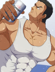 Rule 34 | 1boy, abs, bara, beer can, black eyes, black hair, boku no hero academia, can, collarbone, commentary request, covered erect nipples, drink can, eating, facial hair, highres, holding, holding can, knuckleduster (boku no hero academia), looking at viewer, male focus, mature male, muscular, muscular male, pectorals, scar, scar on face, shirt, short hair, solo, upper body, vigilante -boku no hero academia: illegals-, white shirt, zeff ozaki