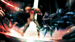 2girls alien arm_cannon armor assault_rifle bodysuit crossover geth gun helmet mass_effect_(series) mass_effect_1 metroid metroid_(creature) metroid_larva multiple_girls nintendo power_suit quarian rifle roguetwo samus_aran science_fiction smoke smoking_barrel tali&#039;zorah varia_suit voice_actor_connection weapon