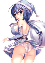Rule 34 | 1girl, ass, backless dress, backless outfit, bare back, bare shoulders, bell, belt, blue dress, blue eyes, blue hair, blue hat, blush, bow, braid, breasts, christmas, clothes lift, cloud, commentary request, detached sleeves, dress, dress lift, from behind, fur-trimmed sleeves, fur trim, gift bag, hair bell, hair between eyes, hair bow, hair ornament, halter dress, halterneck, hat, kmcgold30, long braid, long hair, looking at viewer, looking back, medium breasts, mole, mole under eye, panties, pantyshot, photoshop (medium), setouchi chie, simple background, single braid, snowflake hair ornament, standing, toji no miko, underwear, white background, wind, wind lift