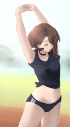 Rule 34 | absurdres, alice gunlock, armpits, buruma, commission, fav faris, gym uniform, highres, midriff, midriff peek, navel, original, panties, panties under buruma, pixiv commission, shirt, shorts, stretching, thighs, tied shirt, underwear
