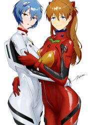 2girls arm_around_waist ayanami_rei blue_eyes blue_hair blush bodysuit breast_poke breasts brown_hair curvy eyebrows_hidden_by_hair eyes_visible_through_hair hair_between_eyes hand_on_another&#039;s_hip head_tilt highres hug illust_aqua long_hair looking_at_viewer mecha_pilot_suit multiple_girls neon_genesis_evangelion open_mouth orange_background plugsuit_(evangelion) poking red_bodysuit red_eyes shiny_clothes short_hair skin_tight small_breasts smile souryuu_asuka_langley standing white_bodysuit wide_hips