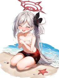 1girl beach blue_archive blush breasts closed_eyes collarbone covering_breasts covering_privates hair_ornament halo highres kuria_(clear_trip_second) loli long_hair male_swimwear male_swimwear_challenge mutsuki_(blue_archive) navel open_mouth pointy_ears red_shoes shoes shore side_ponytail small_breasts smile solo starfish swept_bangs swim_trunks topless_female white_hair